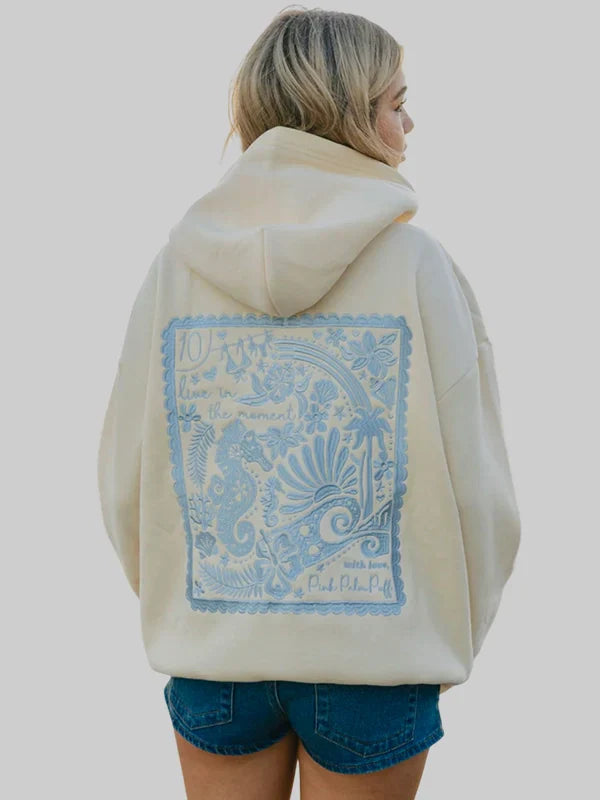 Pink Palm Puff Live in the Moment Hoodie Cream
