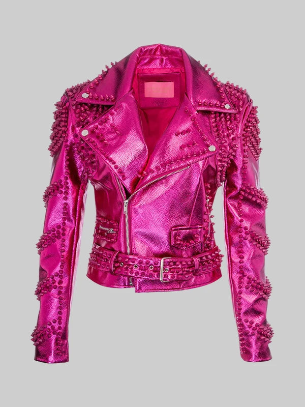 Pink Metalic Moto Leather Jacket
