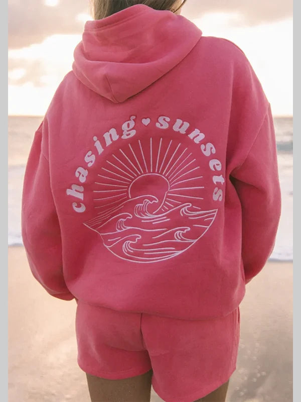 Pink Palm Puff Chasing Sunsets Hibiscus Hoodie