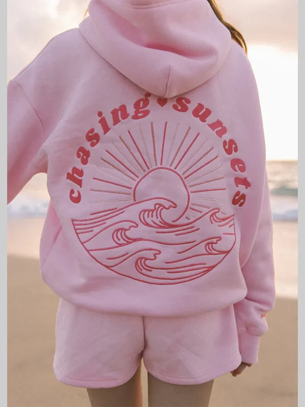 Pink Palm Puff Chasing Sunsets Oversized Pink Hoodie