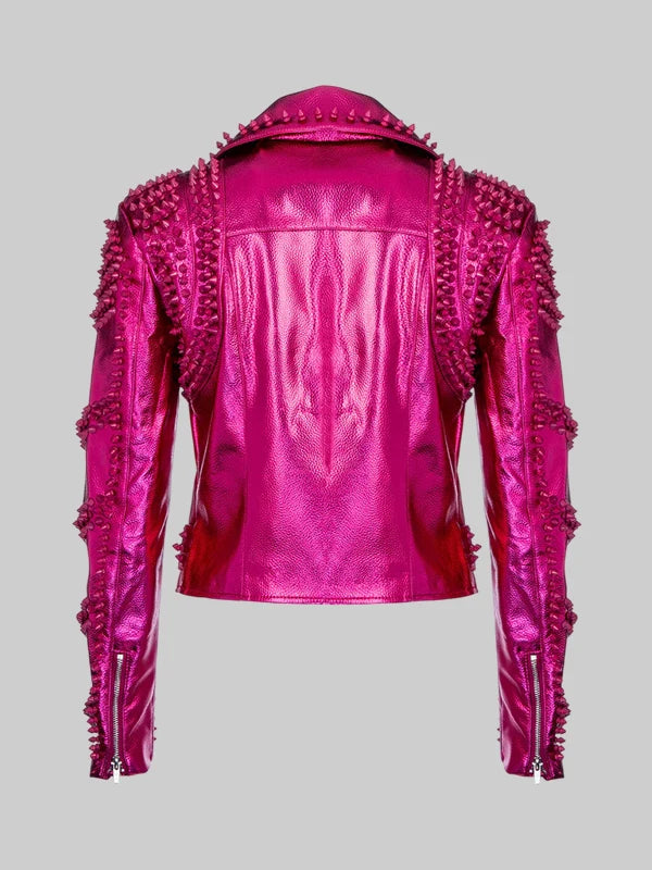 Pink Studded leather Biker Jacket 
