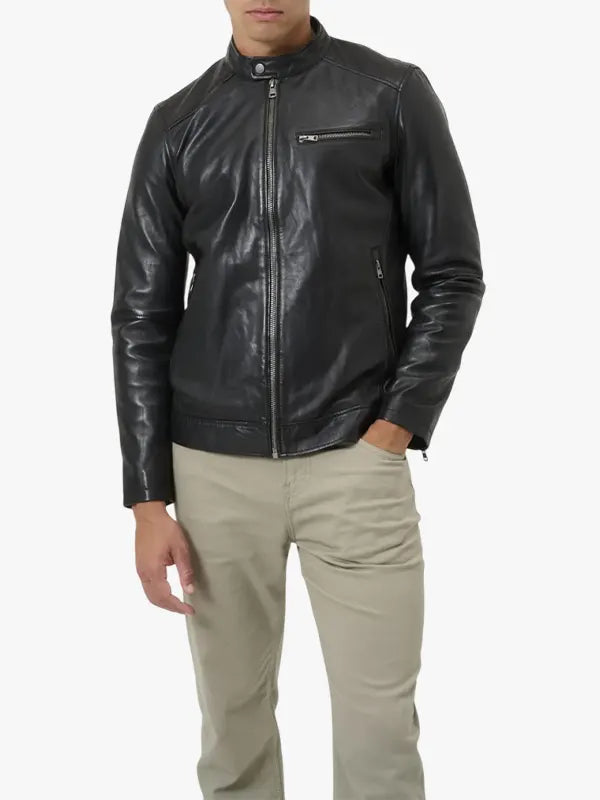 Men's Classic Black Leather Cafe Racer Jacket Andre