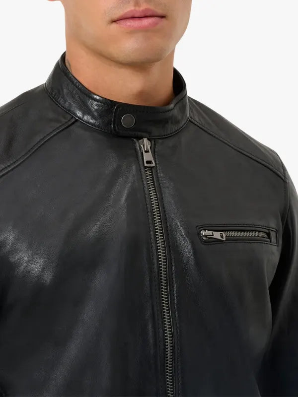 Men's Classic Black Leather Cafe Racer Jacket Andre