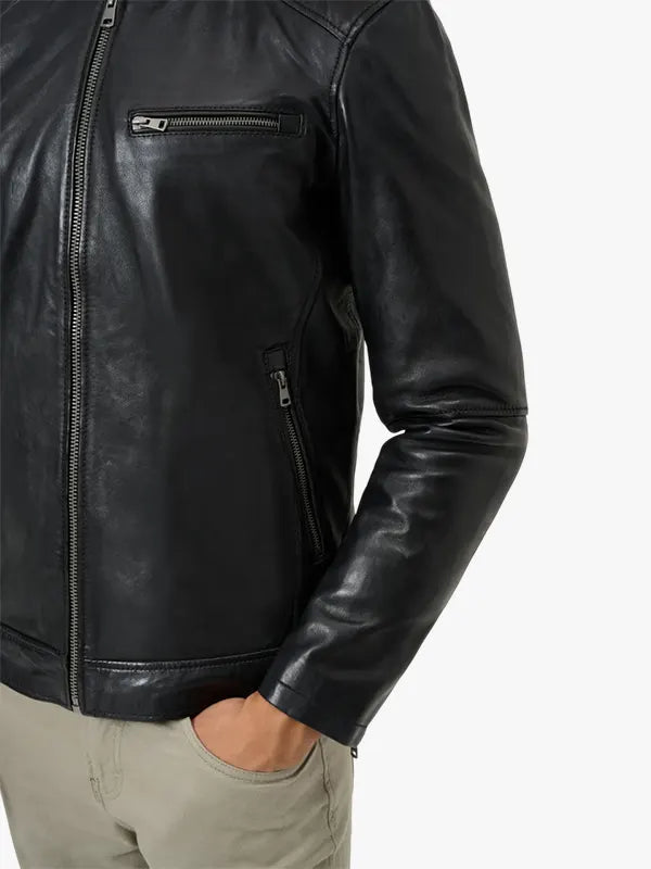 Men's Classic Black Leather Cafe Racer Jacket Andre