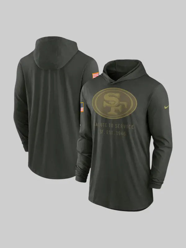 San Francisco 49ers 2025 Salute to Service Hooded Long Sleeve T shirt