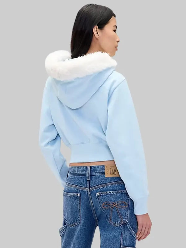 Sandy Liang Vegan Fur-Trim Blue Cropped Zip-Up GAP Hoodie
