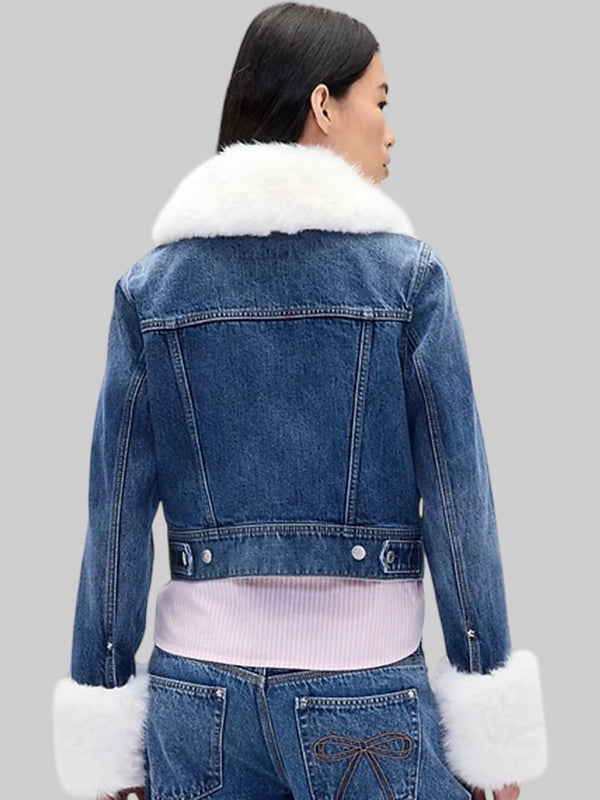 Sandy Liang x Gap Vegan Fur Crop Blue Denim Jacket