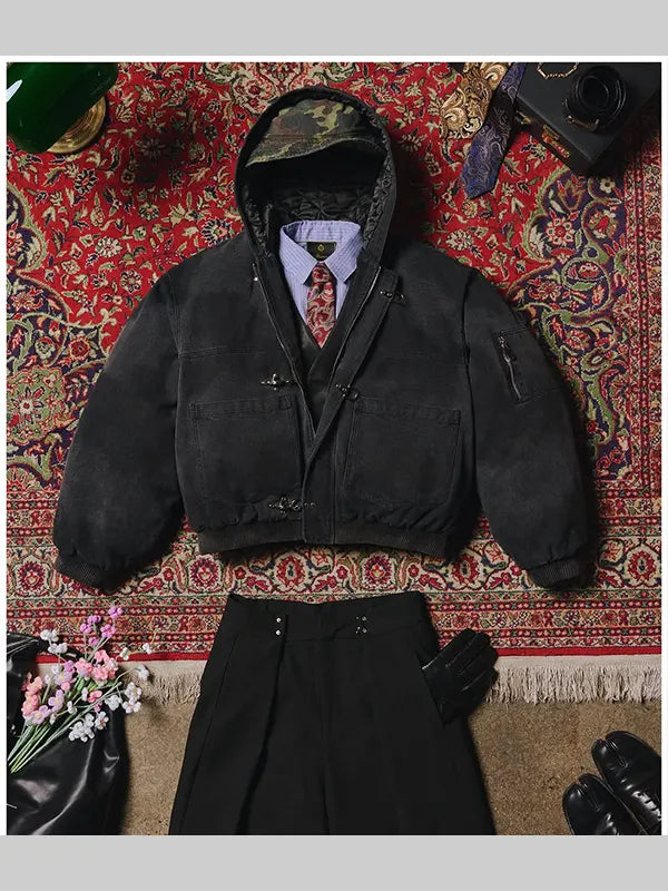 Shinzo Shige 15oz Washed Black Canvas Clasp Bomber Jacket