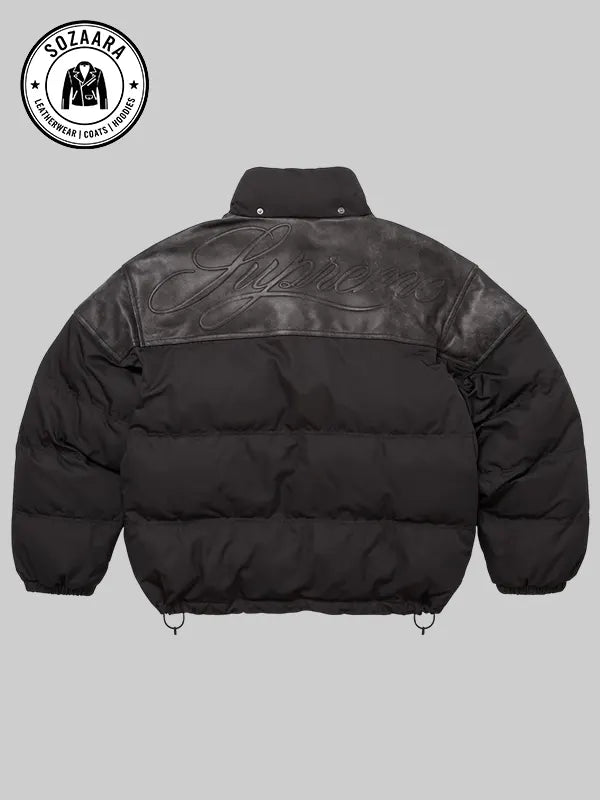 Supreme Leather Yoke Black Puffer Jacket