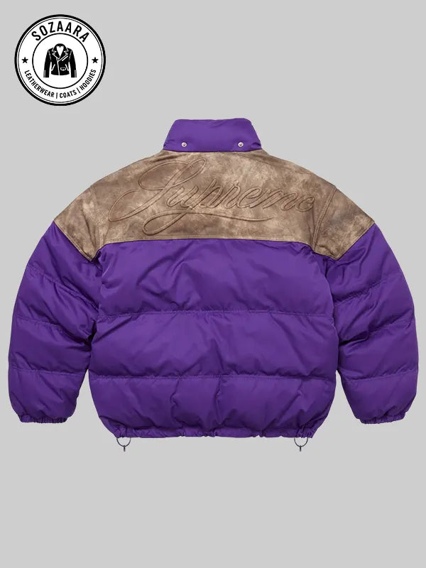 Supreme Leather Yoke Purple Puffer Jacket