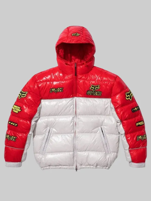 Supreme x Fox Racing Shiny Down Puffer Jacket White Red.