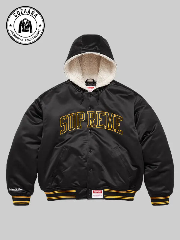 Supreme x Mitchell Ness Lined Hooded Satin Varsity Jacket Black