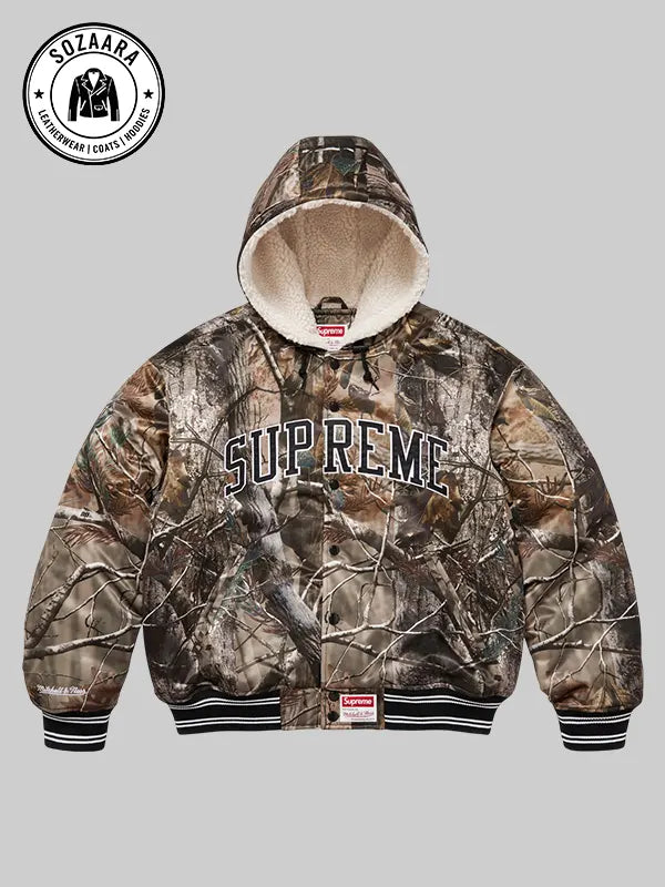 Supreme x Mitchell Ness Lined Hooded Satin Varsity Jacket Real Tree Camo