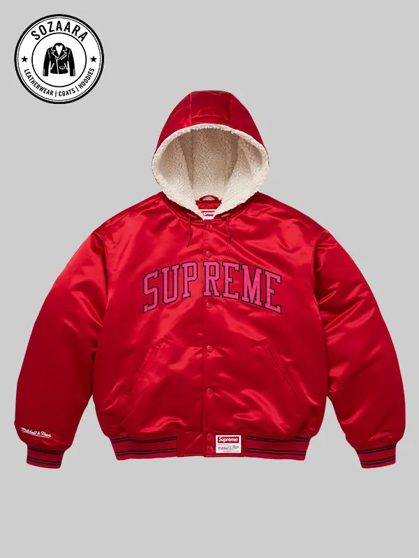 Supreme x Mitchell Ness Lined Hooded Satin Varsity Jacket Red