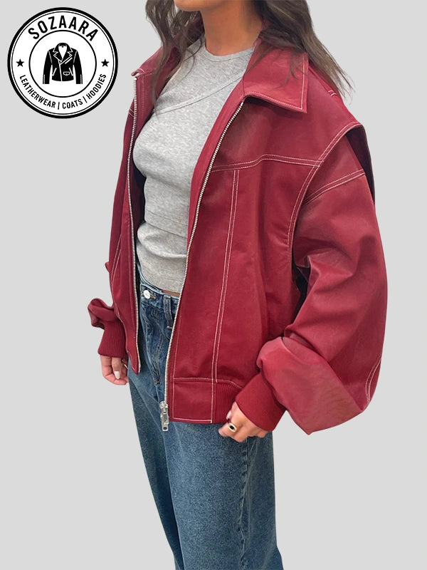 The Room Antwerp Oversized Contrast Stitch Jacket Red