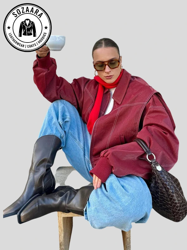 The Room Antwerp Oversized Contrast Stitch Leather Jacket Red
