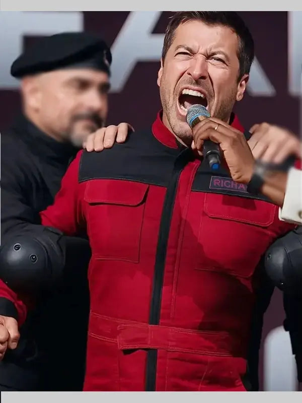 The Running Man 2025 Glen Powell Red Jacket
