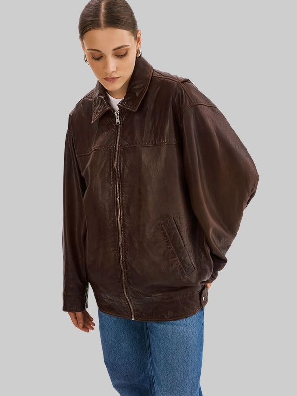 Theia Oversized Bomber Lamarque Leather Jacket In Dark Brown