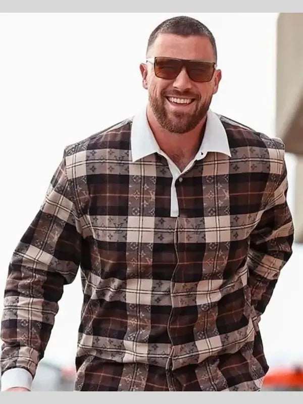Travis Kelce Monogram Flannel Long Sleeved Polo Shirt.