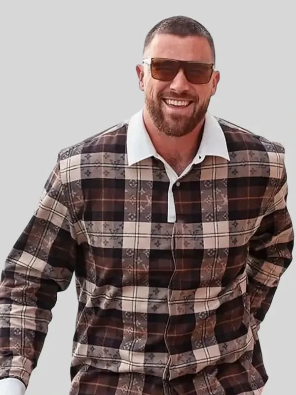 Travis Kelce Monogram Flannel Long Sleeved Polo Shirt