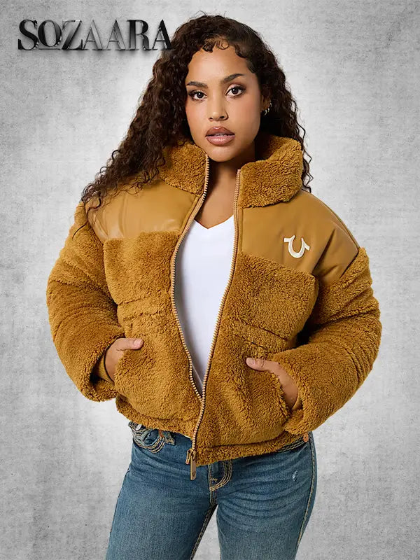 True Religion Embroidered Leather Sherpa Caramel Jacket Womens