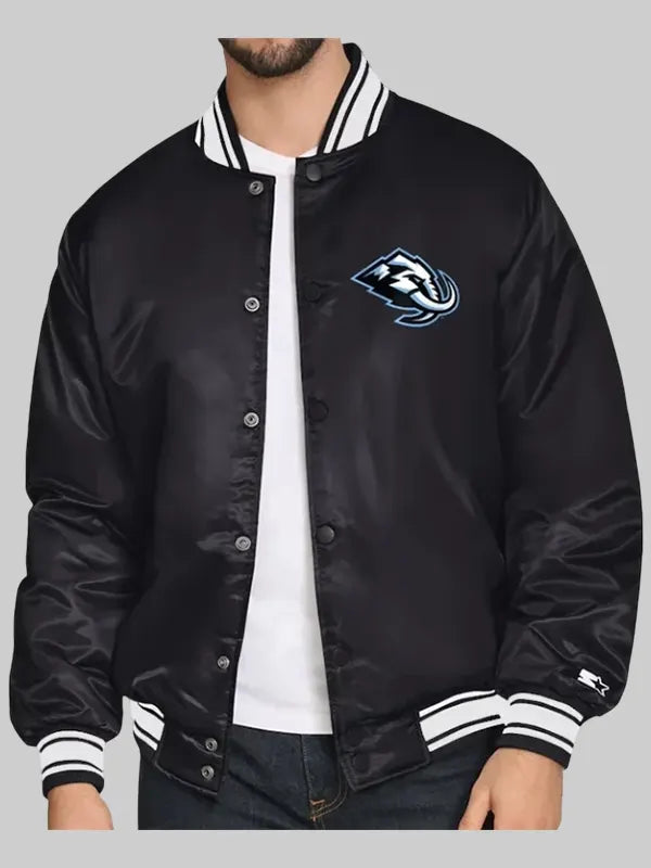 Utah Mammoth Starter Primary Logo Full Snap Black Satin Varsity Jacket