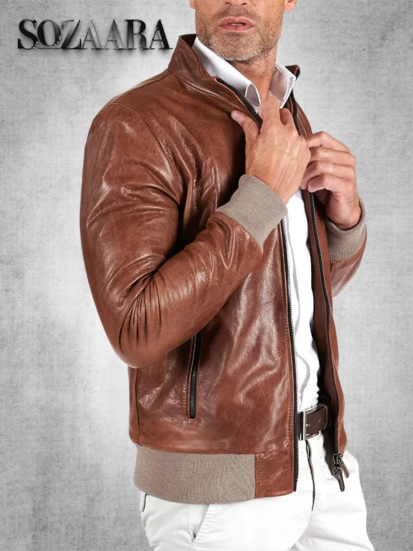 Vintage Brown Leather Bomber Jacket Darienzo