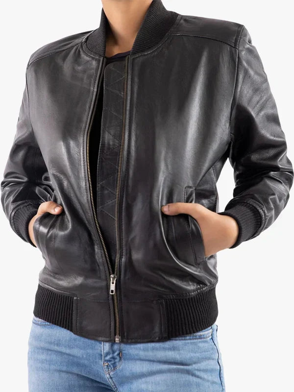 Women’s Genuine Leather Classic Baseball Bomber Jacket
