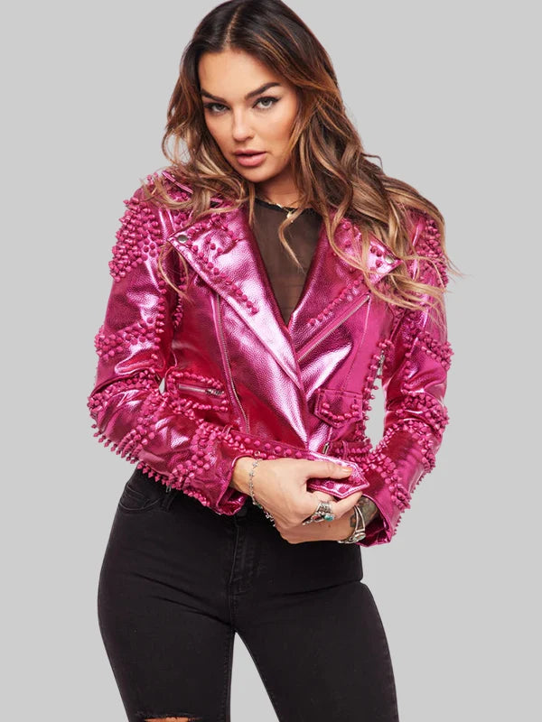 Women’s Halloween Pink Metallic Leather Jacket
