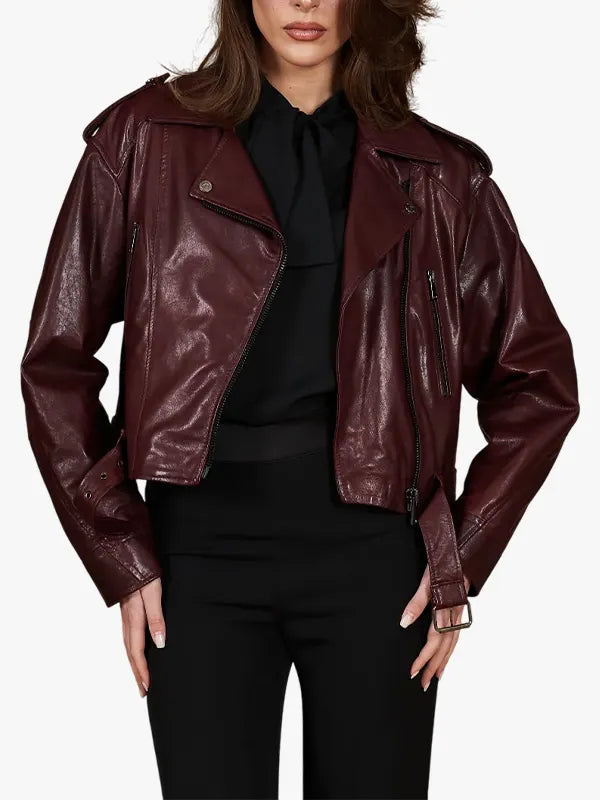 Xenia - Bordeaux leather biker jacket vintage short version
